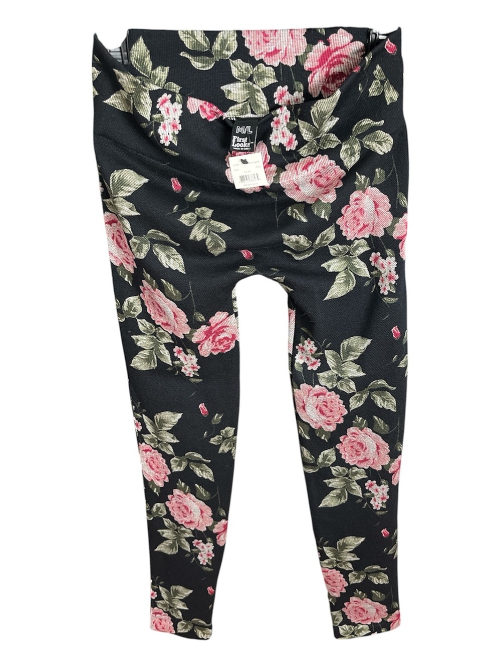 First Looks Black Pink Rose Floral Ribbed Knit Leggings - Size M/L NWT